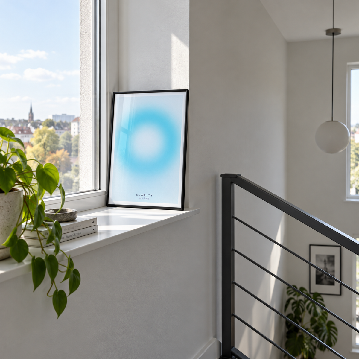 Bright aqua ring gradient print on a ledge in a stair landing