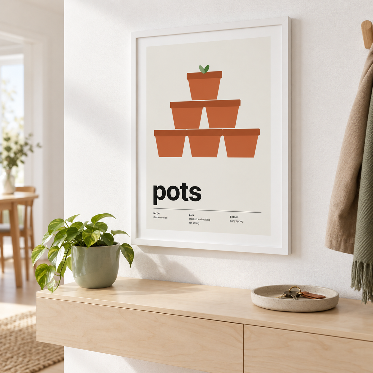 Pyramid of stacked terracotta pots on the wall of a welcoming hallway