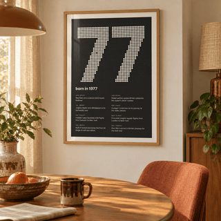 Charcoal halftone print of the year 1977 in a calm room setting