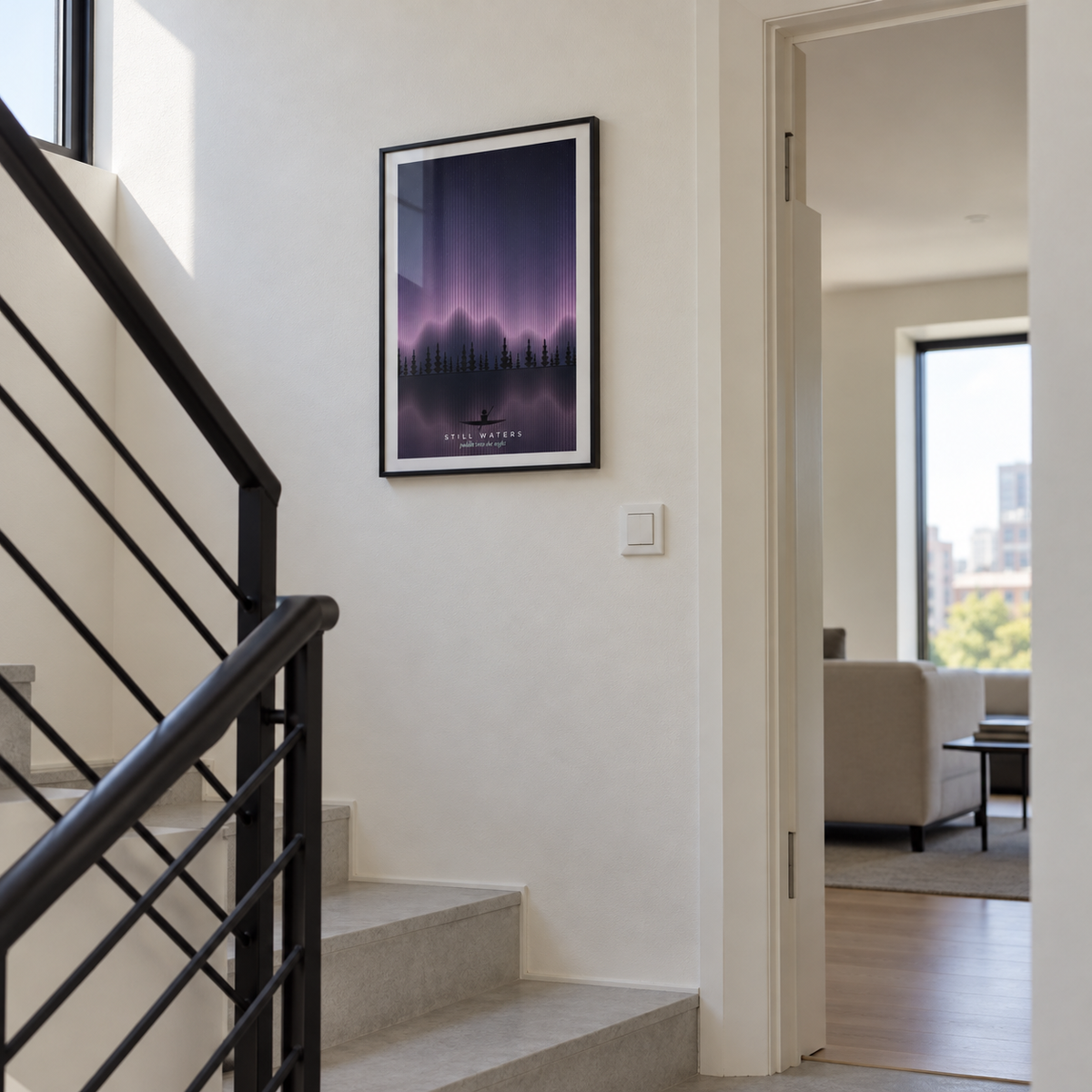 Purple northern lights forest lake print in a stair landing
