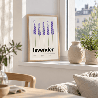 Five tall lavender stems on a shelf beside a sunny window