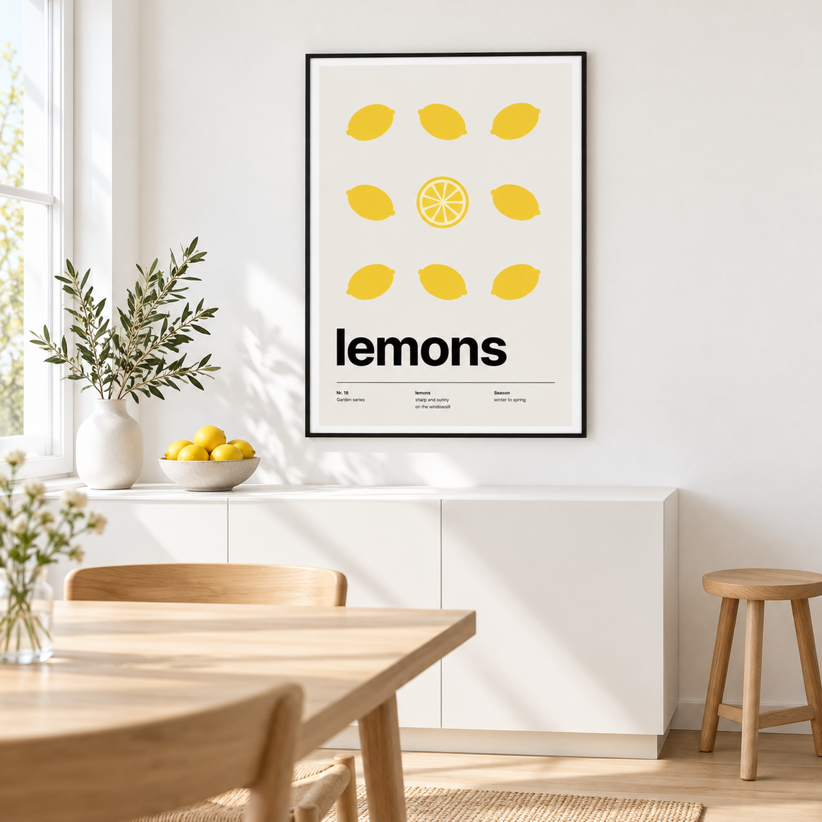 Grid of yellow lemons with green leaves above a sideboard in a kitchen