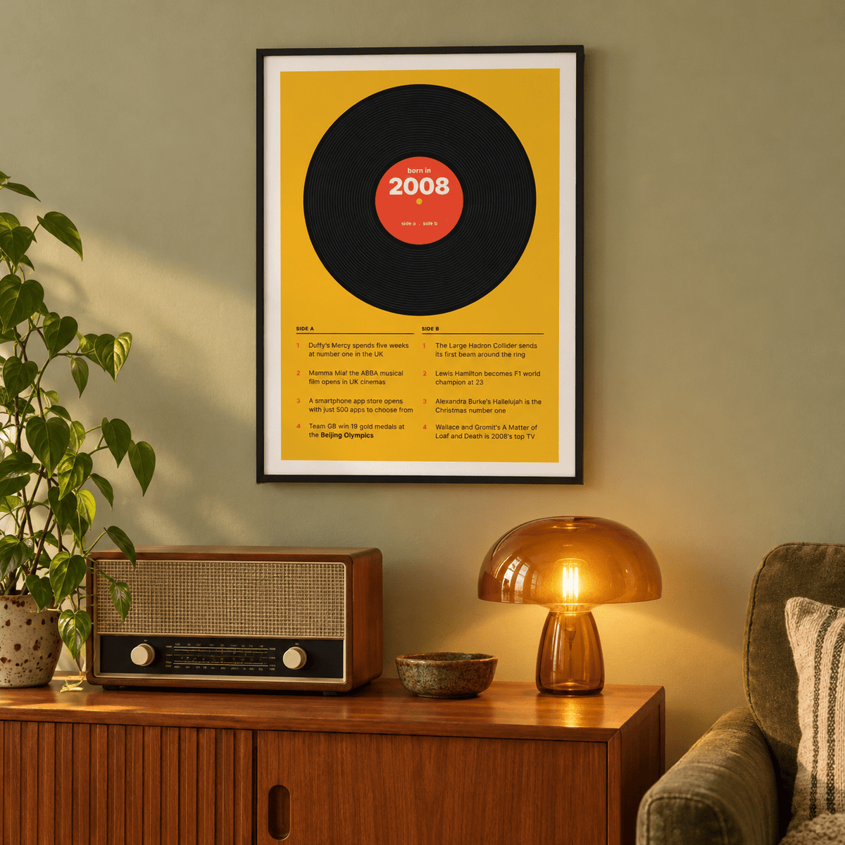 Black vinyl record print with a 2008 label in a calm room setting