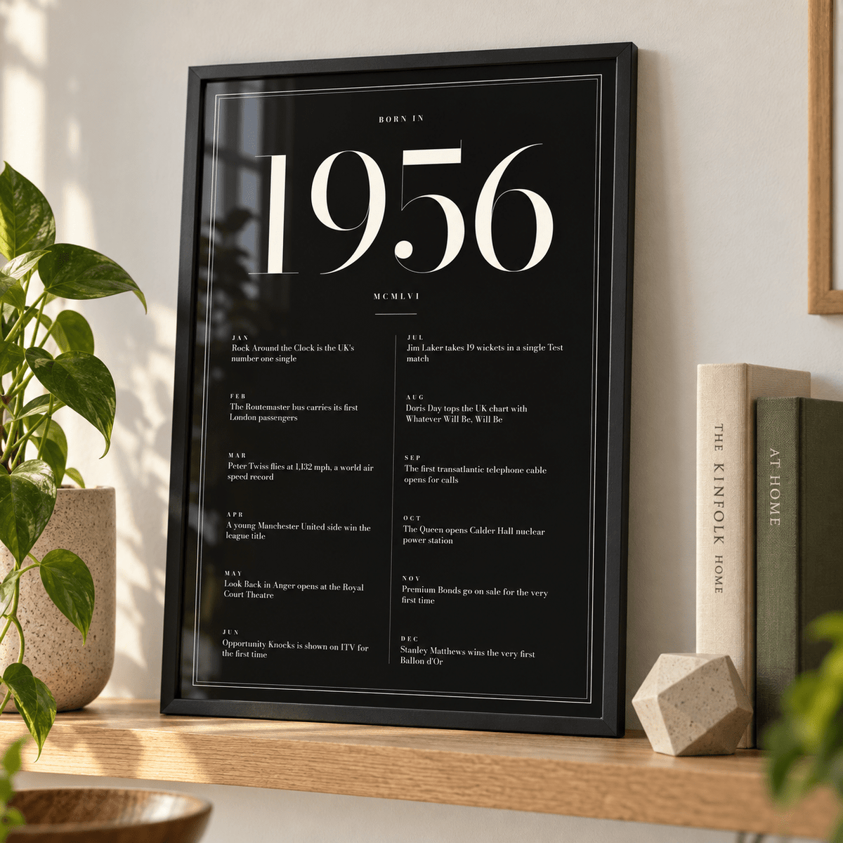 Black and ivory 1956 birth year print in a calm room setting