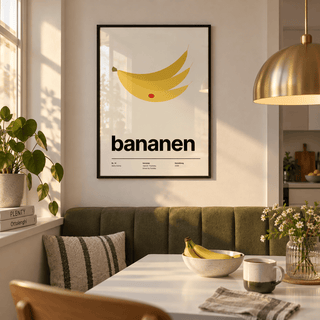 Yellow bananas with red sticker print above a banquette in a breakfast nook