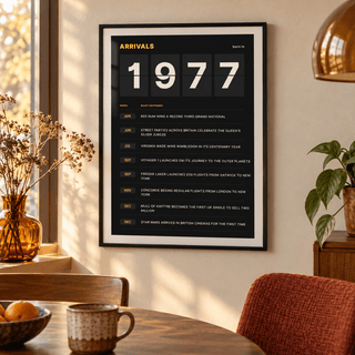 Arrivals board print with 1977 on flap tiles in a calm room setting