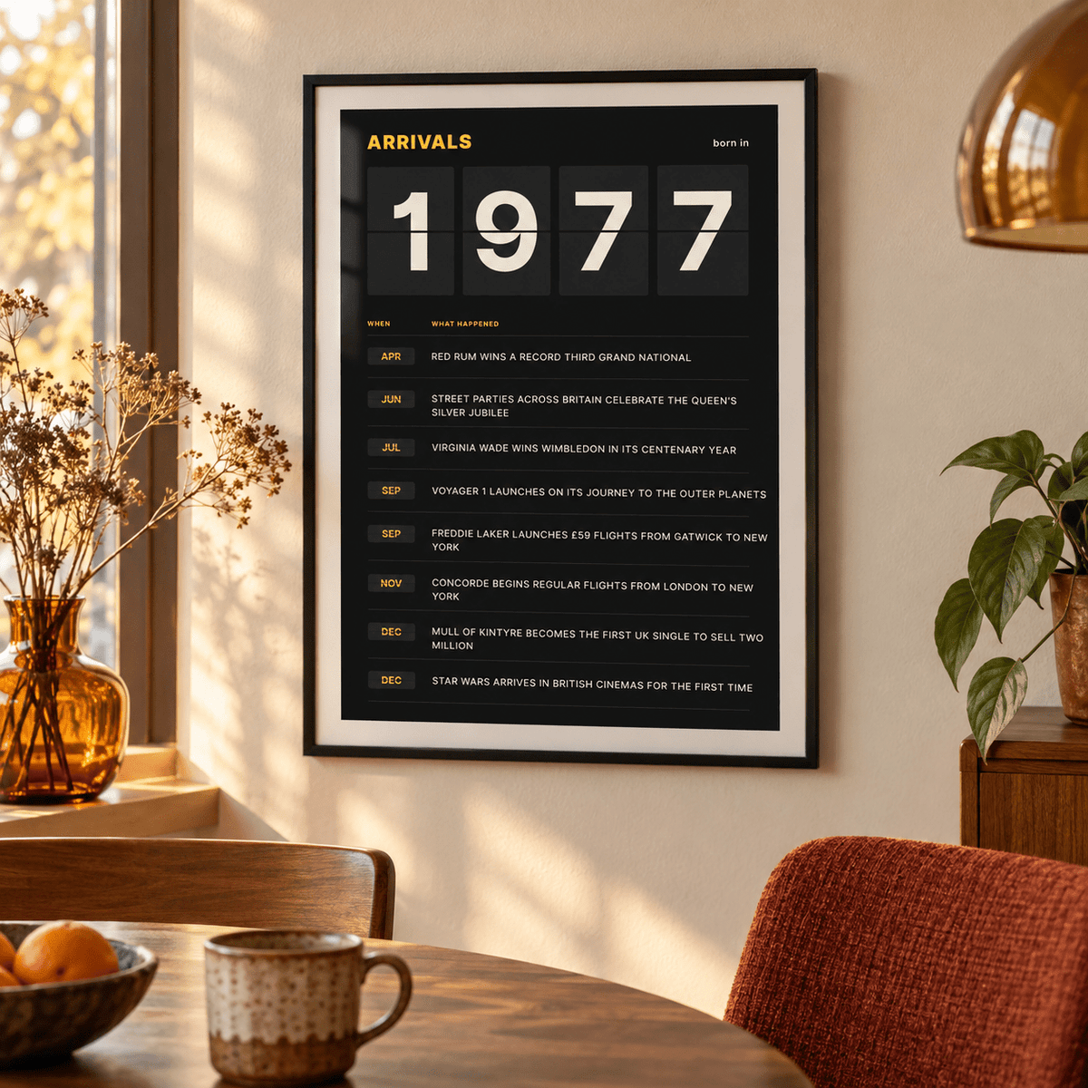 Arrivals board print with 1977 on flap tiles in a calm room setting
