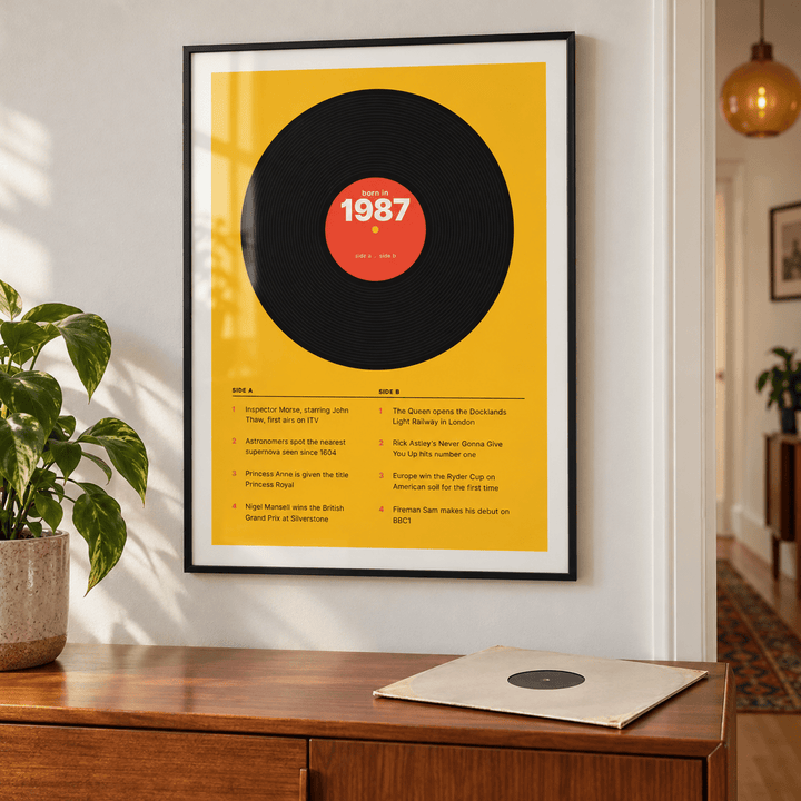 Black vinyl record print with a 1987 label in a calm room setting