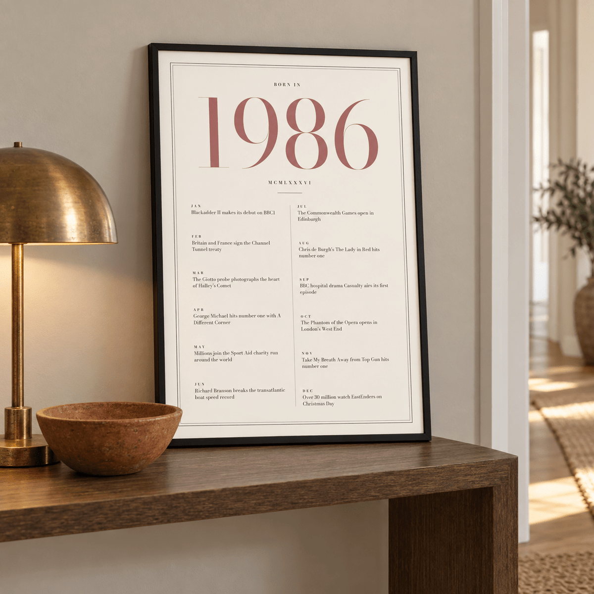 Cream and dusty rose 1986 birth year print in a calm room setting