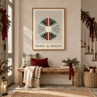 Red and green patchwork snowflake print in a holiday entryway at Christmas