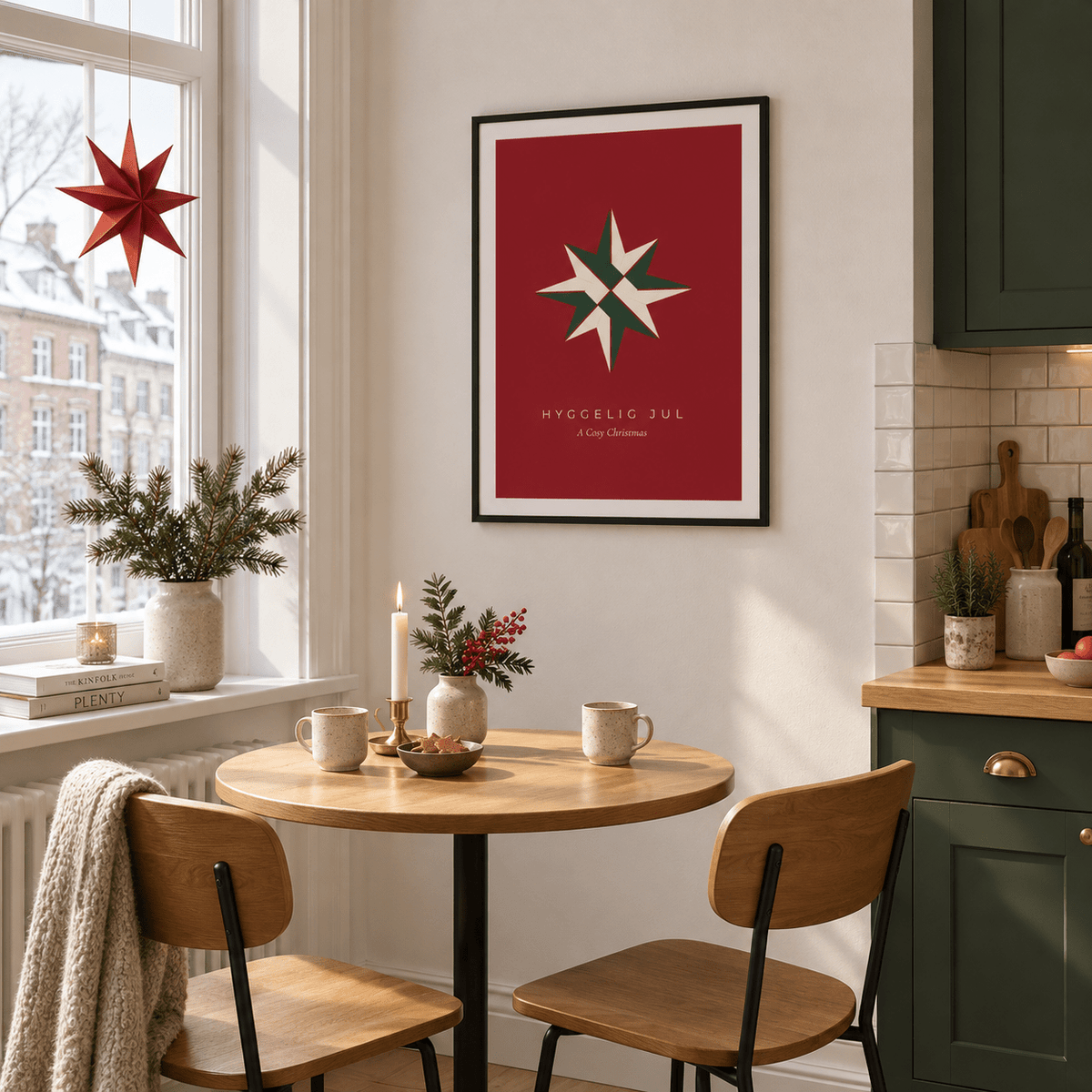 Scandi folded star print in a kitchen corner at Christmas