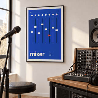 Cobalt blue mixer with one red fader print in a music practice corner