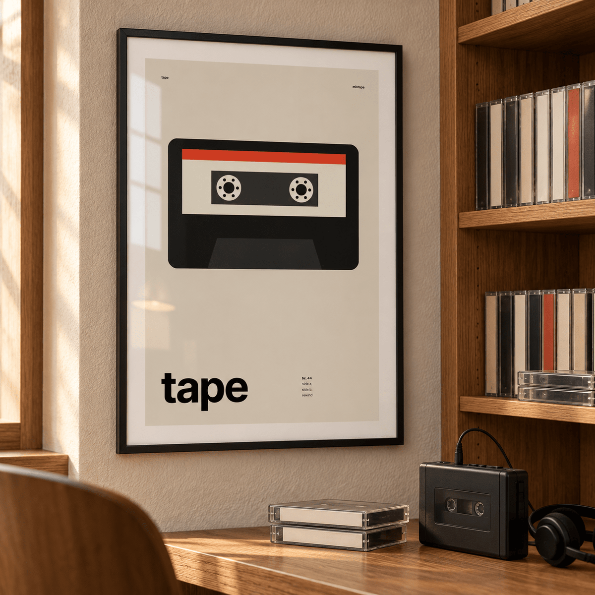 Black cassette with red label print in a music practice corner