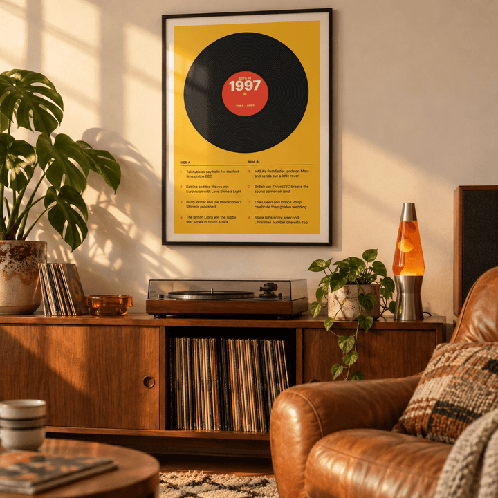 Black vinyl record print with a 1997 label in a calm room setting