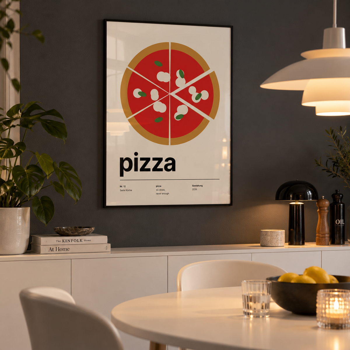 Sliced pizza with one slice pulled out print in a dining against a charcoal wall