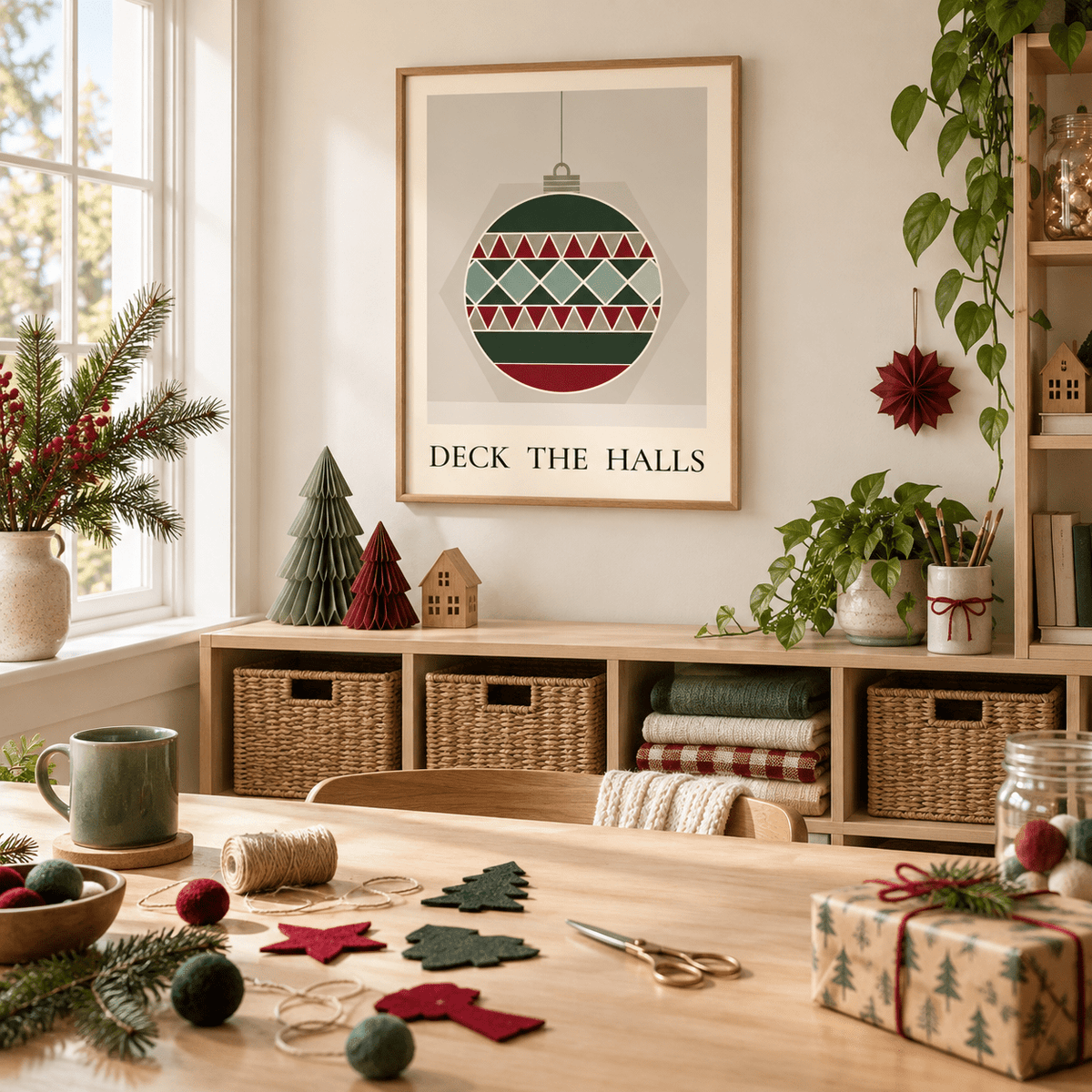 Scandi quilt bauble print in a kids creative room at Christmas