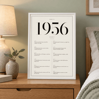 White and black 1956 birth year print in a calm room setting