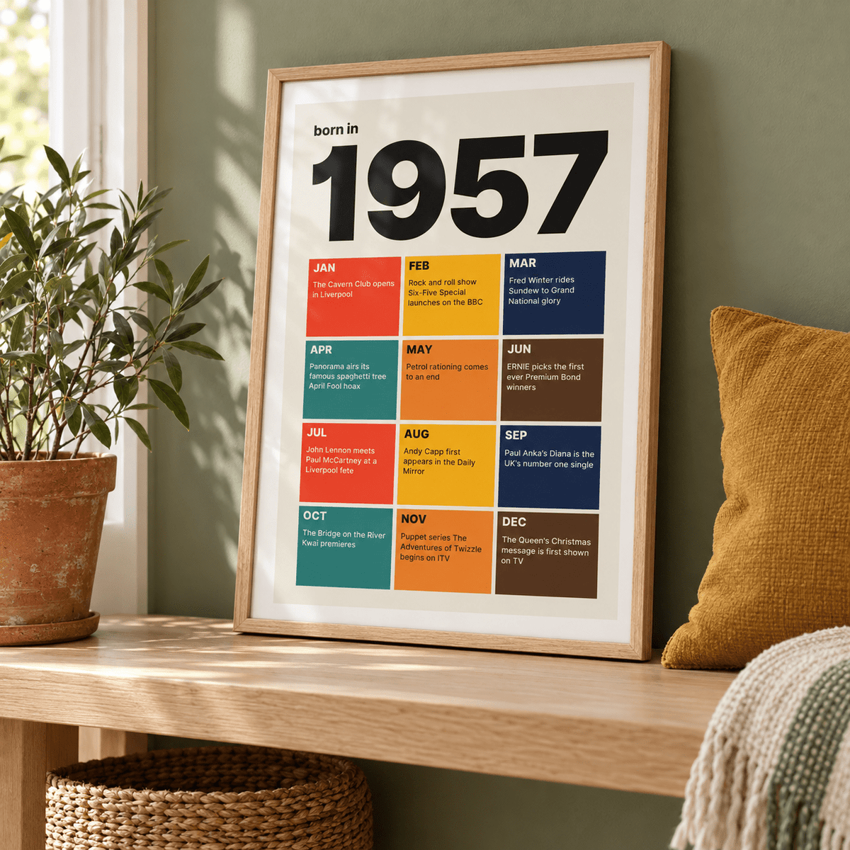 Colourful month by month print of 1957 in a calm room setting