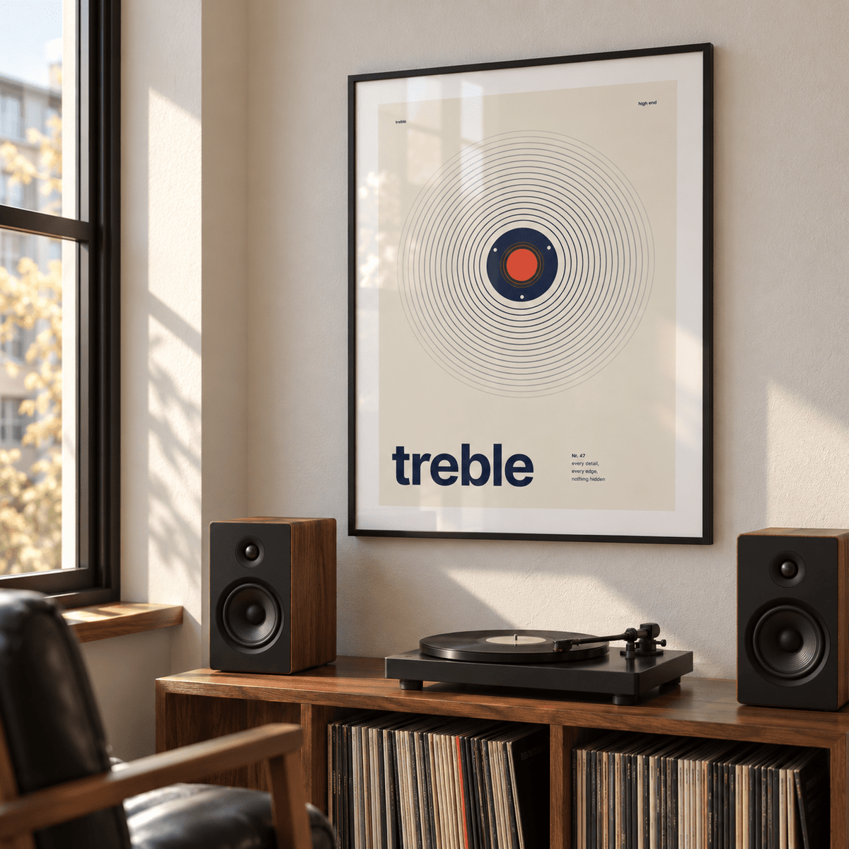 Small navy tweeter on cream print in a music practice corner