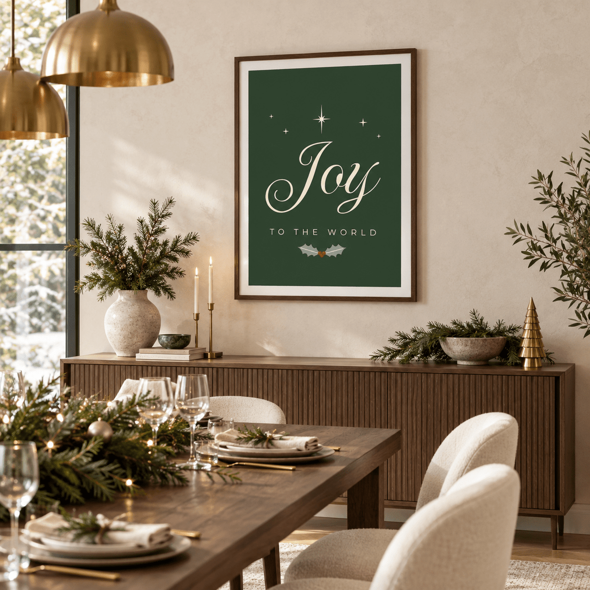 Joy script print above a walnut sideboard in a dining room set for Christmas