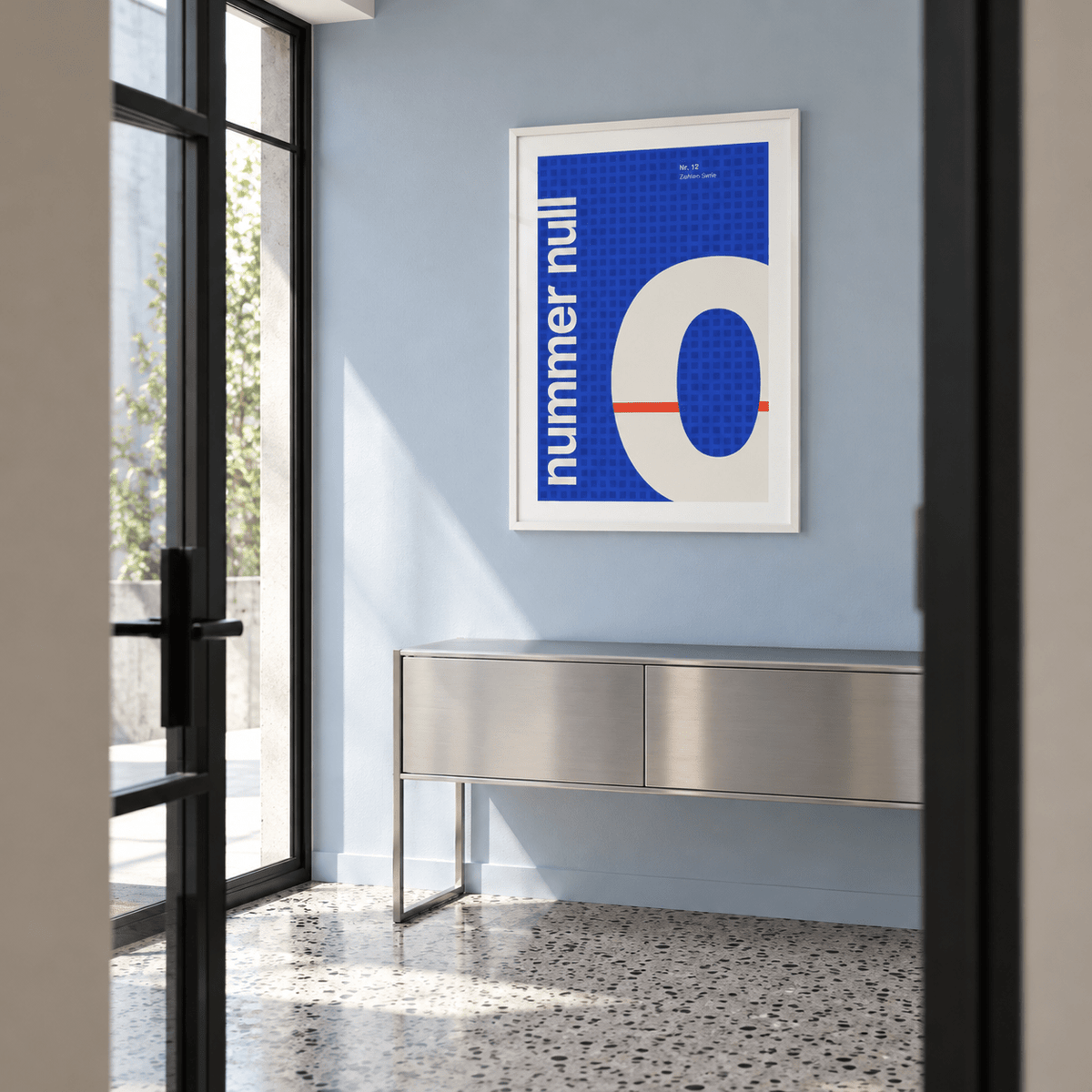 Number zero typography print above a console table in a hallway