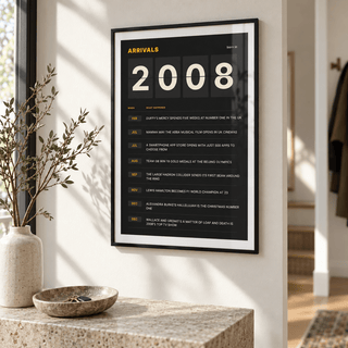 Arrivals board print with 2008 on flap tiles in a calm room setting