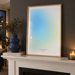 Airy blue and yellow aura print on a mantelpiece against a charcoal wall