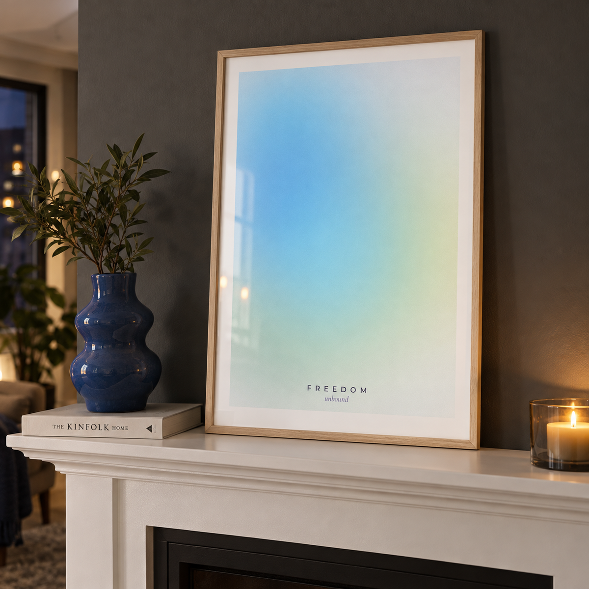 Airy blue and yellow aura print on a mantelpiece against a charcoal wall