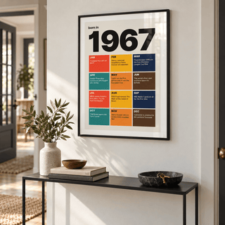 Colourful month by month print of 1967 in a calm room setting