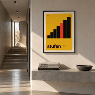 Mustard yellow steps print above a console table in a hallway