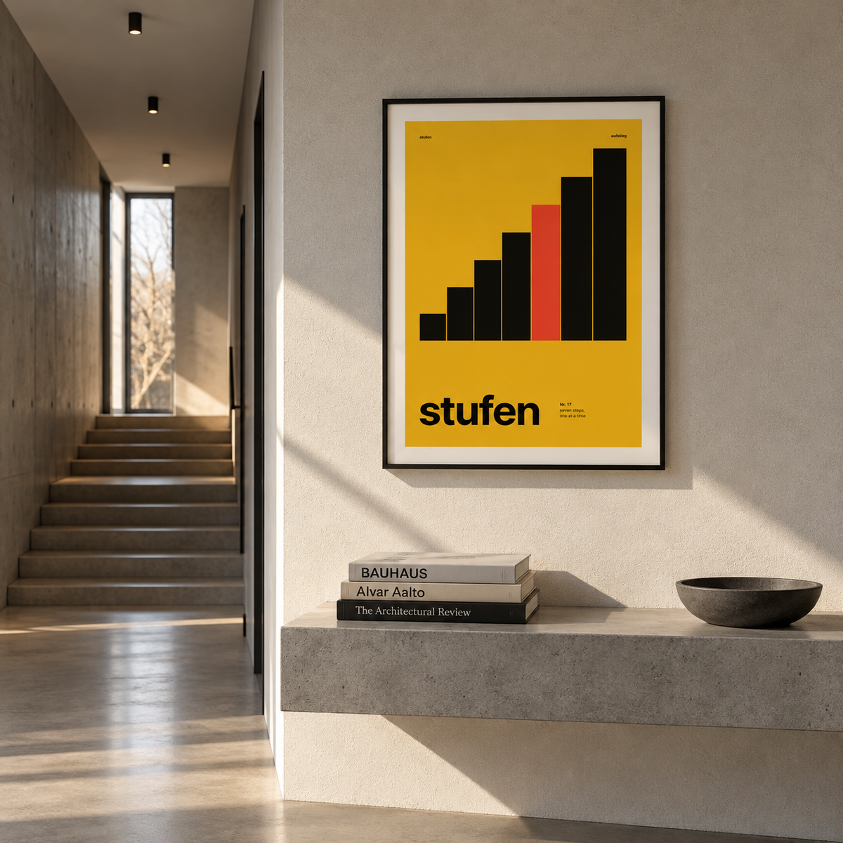 Mustard yellow steps print above a console table in a hallway