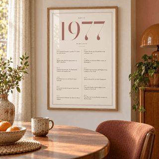 Cream and dusty rose 1977 birth year print in a calm room setting