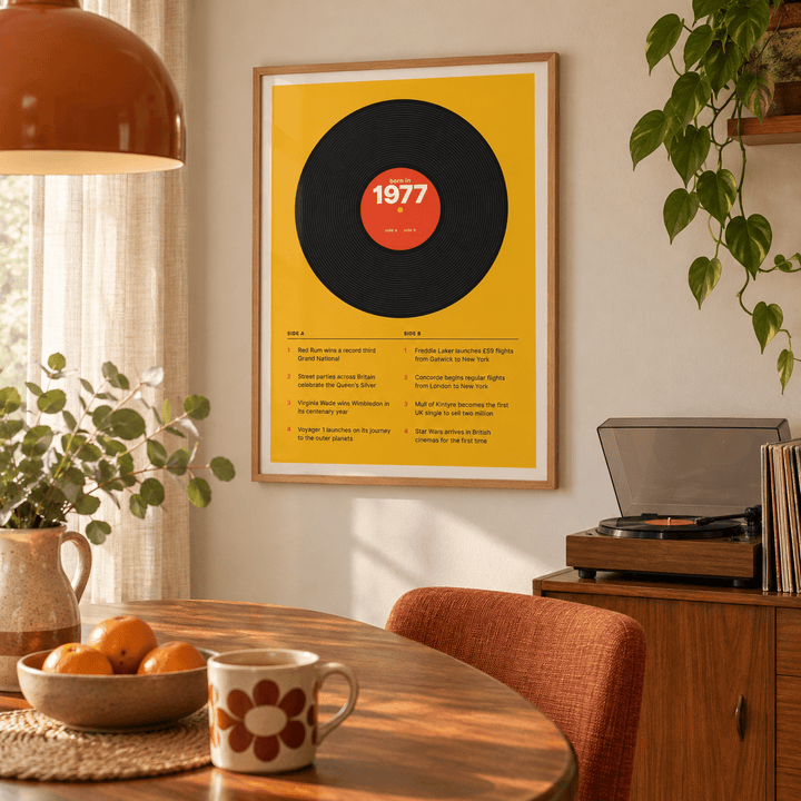 Black vinyl record print with a 1977 label in a calm room setting