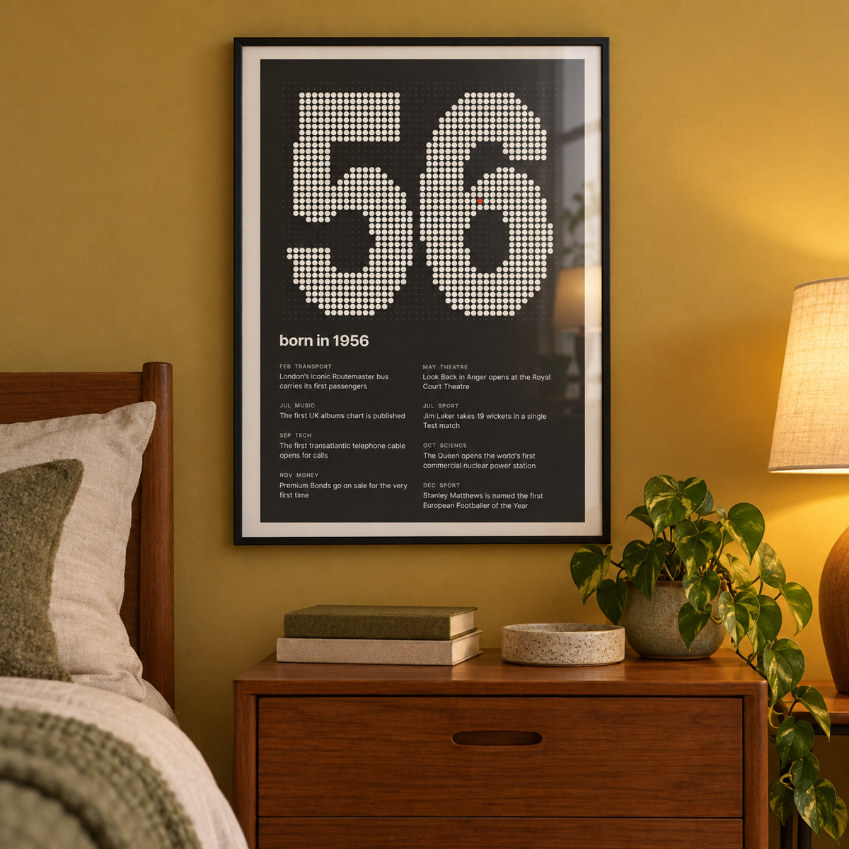 Charcoal halftone print of the year 1956 in a calm room setting