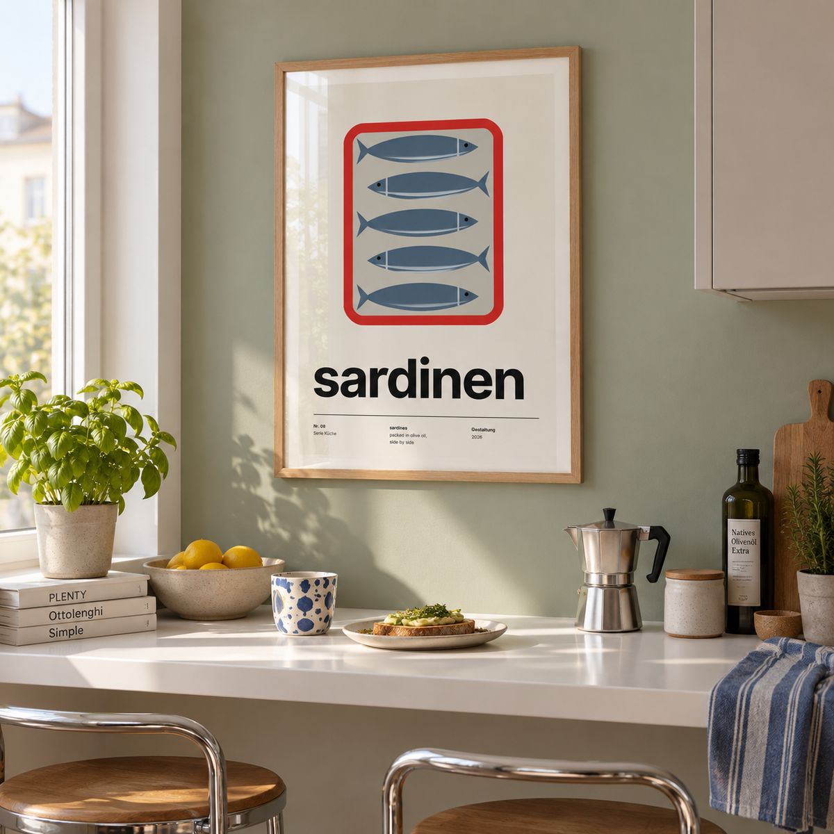Five sardines in a red tin print in a breakfast counter against a sage wall