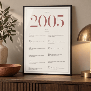 Cream and dusty rose 2005 birth year print in a calm room setting