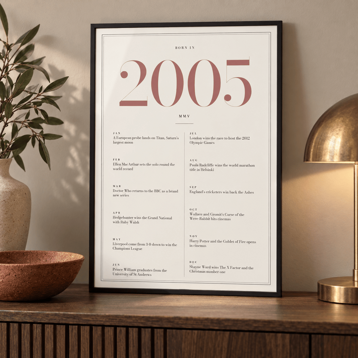 Cream and dusty rose 2005 birth year print in a calm room setting