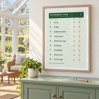 Green and cream golf card print in a sunroom with soft natural light