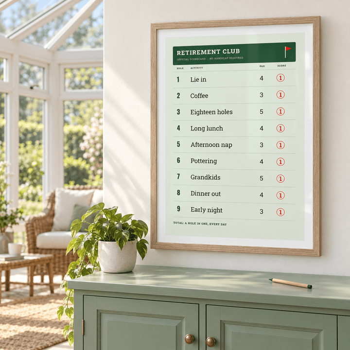 Green and cream golf card print in a sunroom with soft natural light