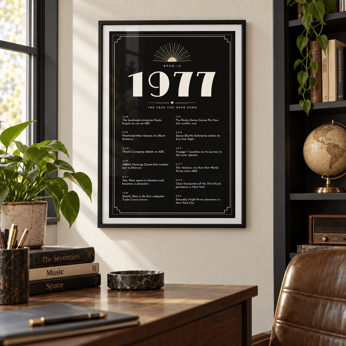 Black and champagne Art Deco 1977 print in a calm room setting