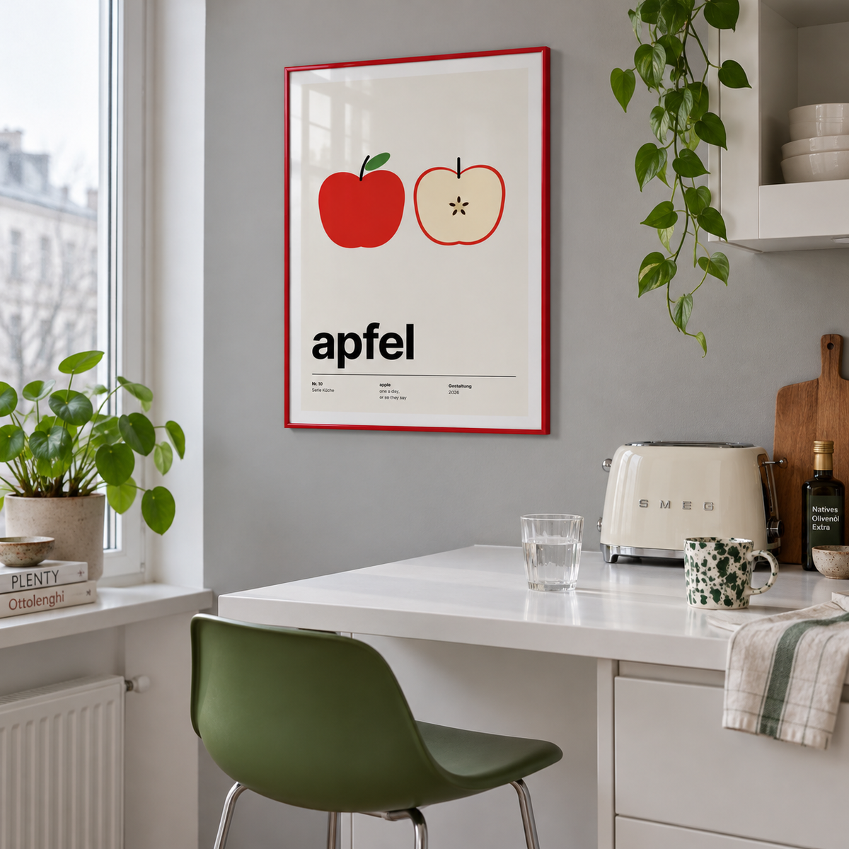 Red apple with core print in a breakfast counter against a grey wall