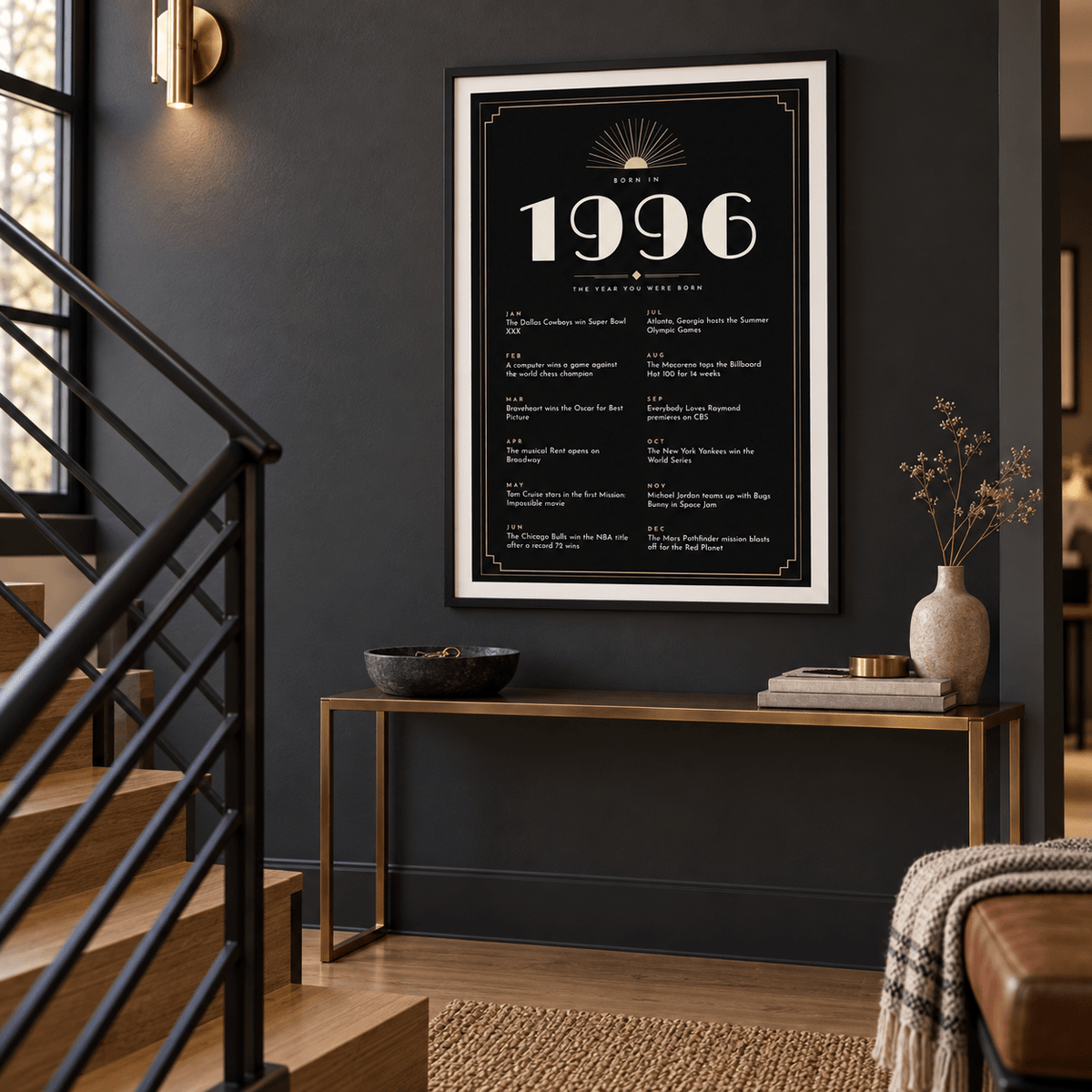 Black and champagne Art Deco 1996 print in a calm room setting