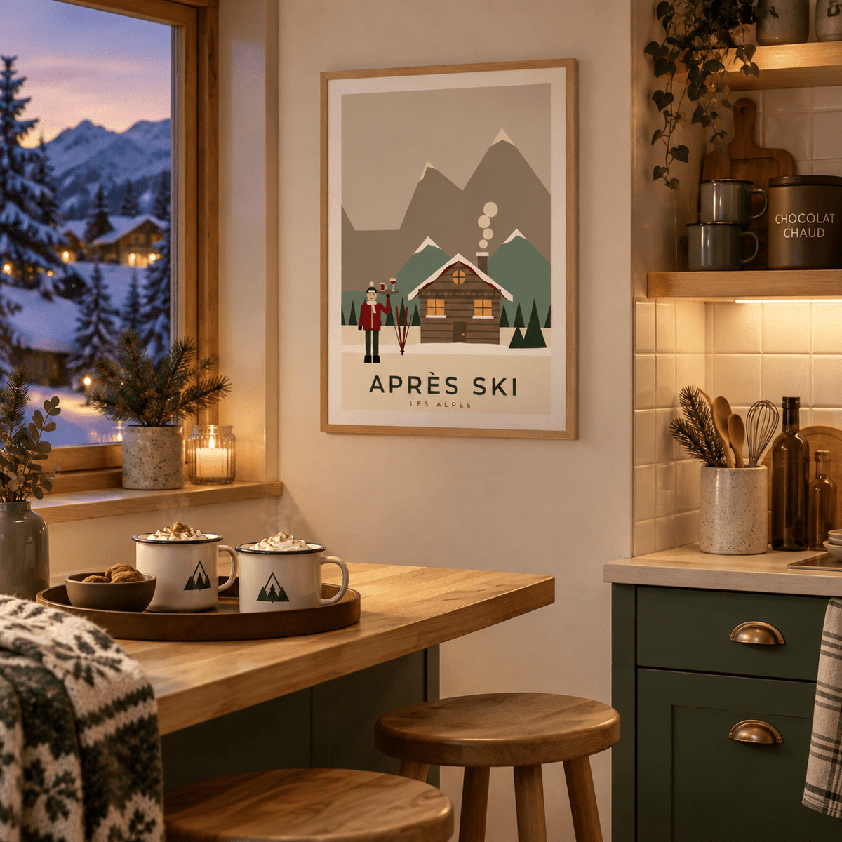 Snowy log chalet print in a kitchenette at Christmas