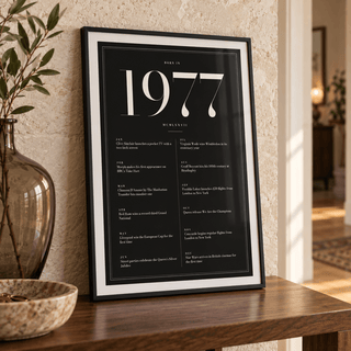 Black and ivory 1977 birth year print in a calm room setting