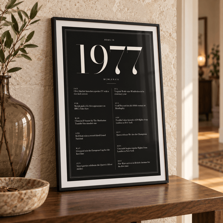 Black and ivory 1977 birth year print in a calm room setting