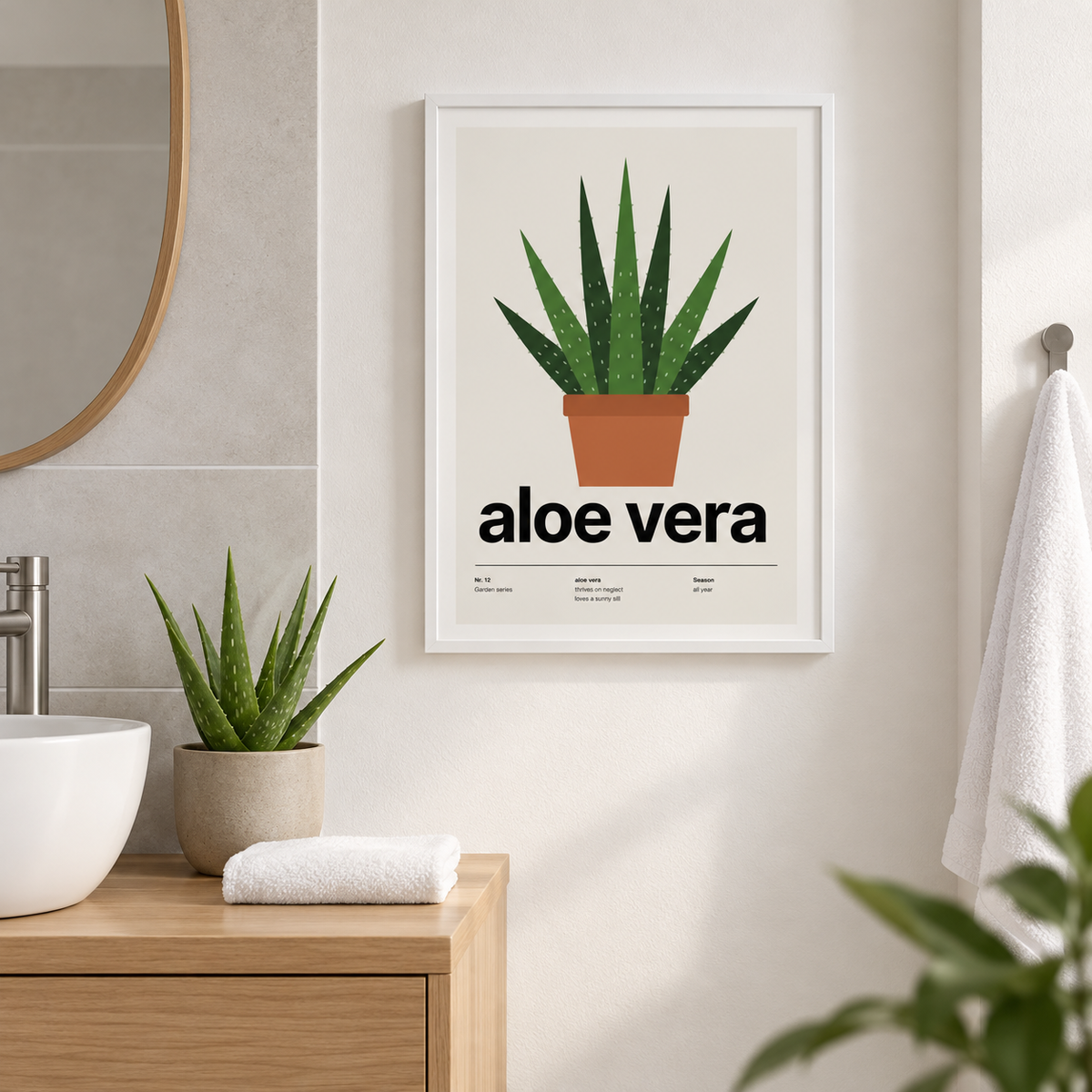 Aloe vera in a terracotta pot on the wall of a calm bathroom