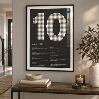 Charcoal halftone print of the year 2010 in a calm room setting