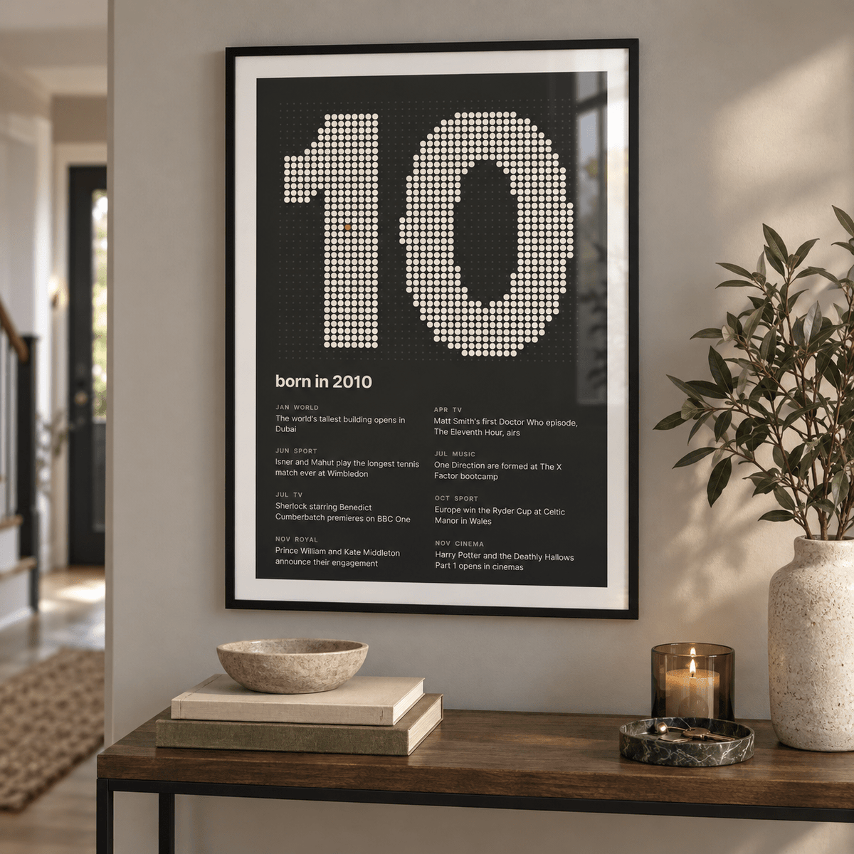 Charcoal halftone print of the year 2010 in a calm room setting