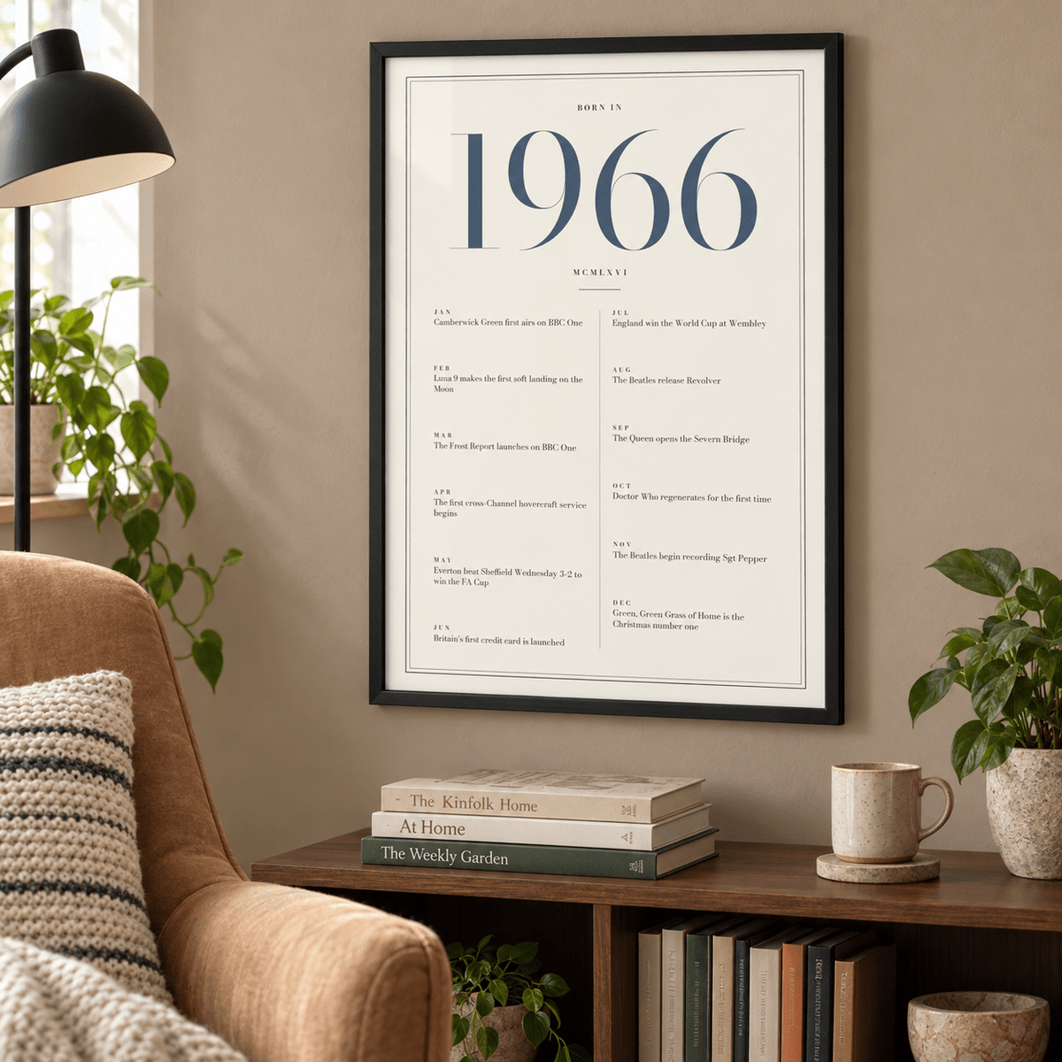 Cream and slate blue 1966 birth year print in a calm room setting