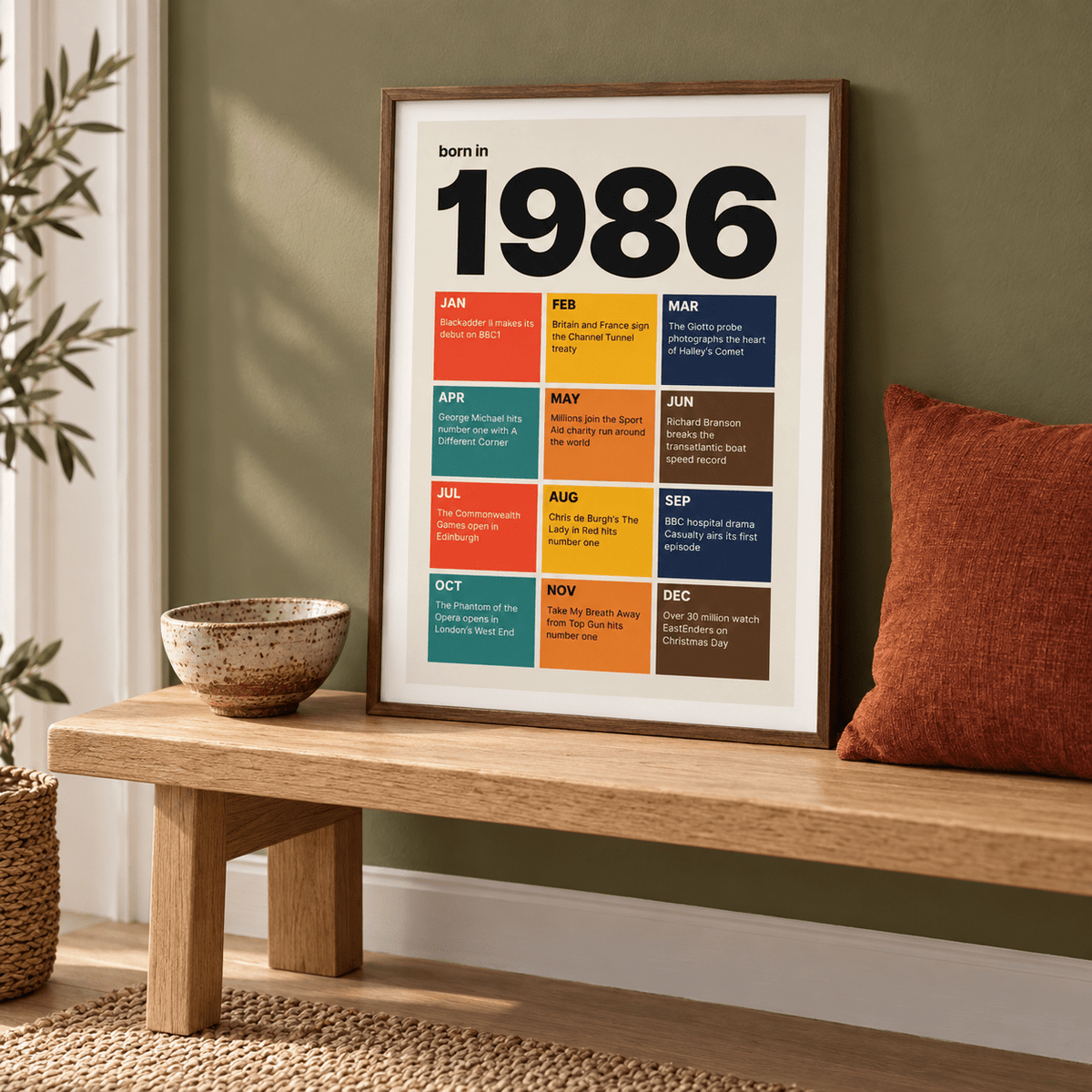 Colourful month by month print of 1986 in a calm room setting